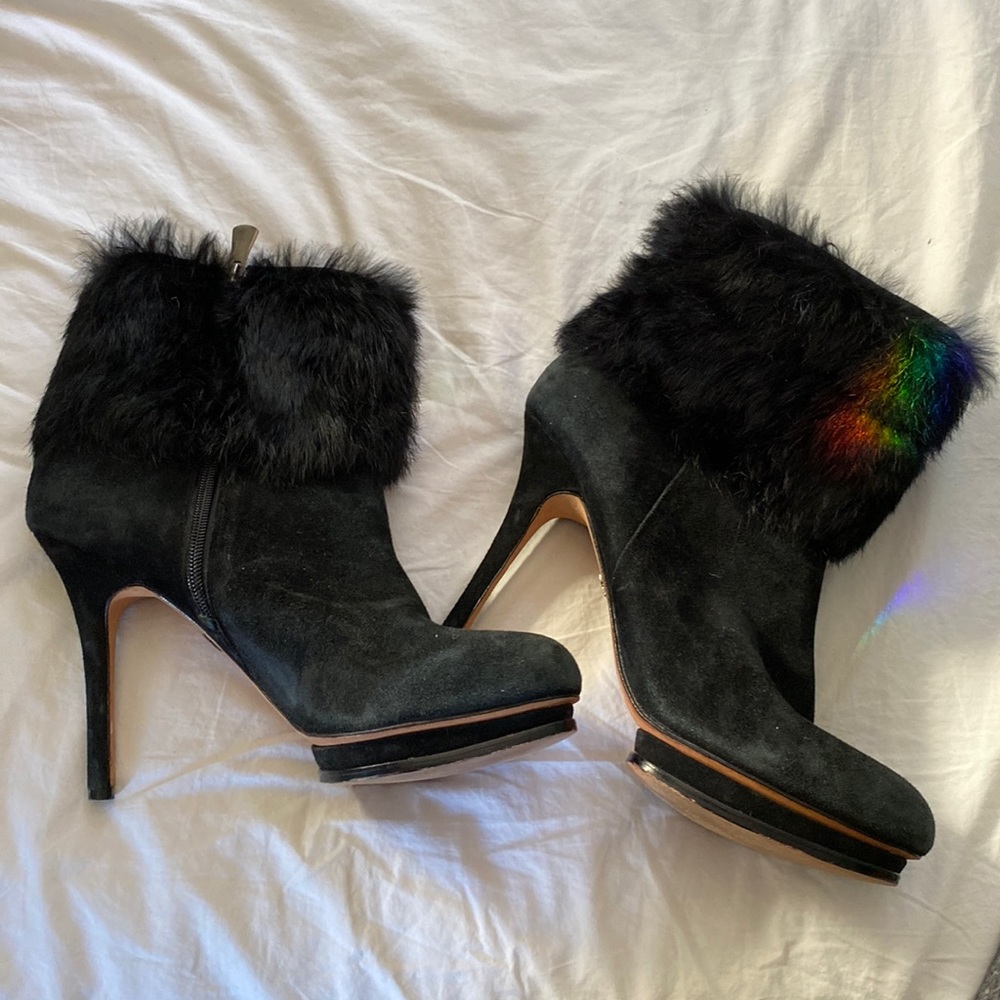 Black BCBG heeled suede with fur boots